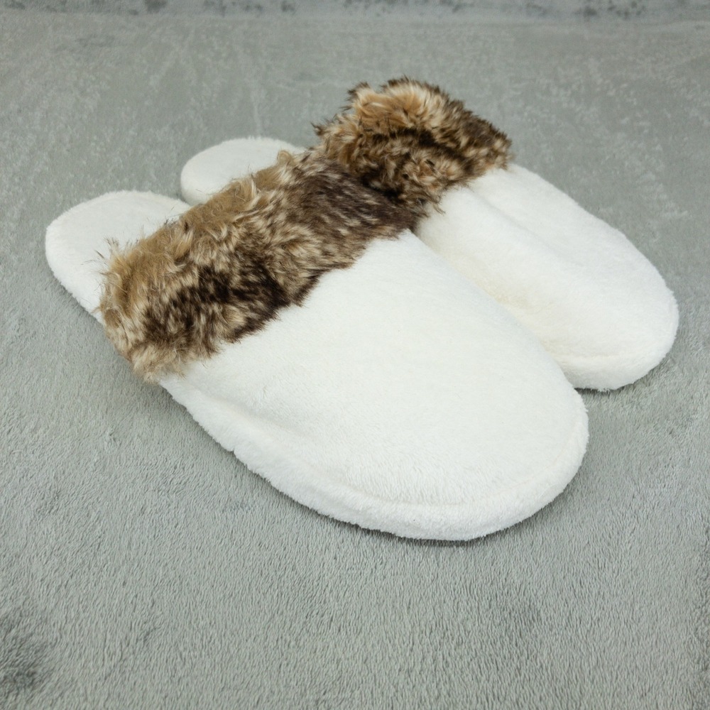 Pottery Barn Faux Fur Slippers Womens Large White Brown Caramel Cozy Plush New